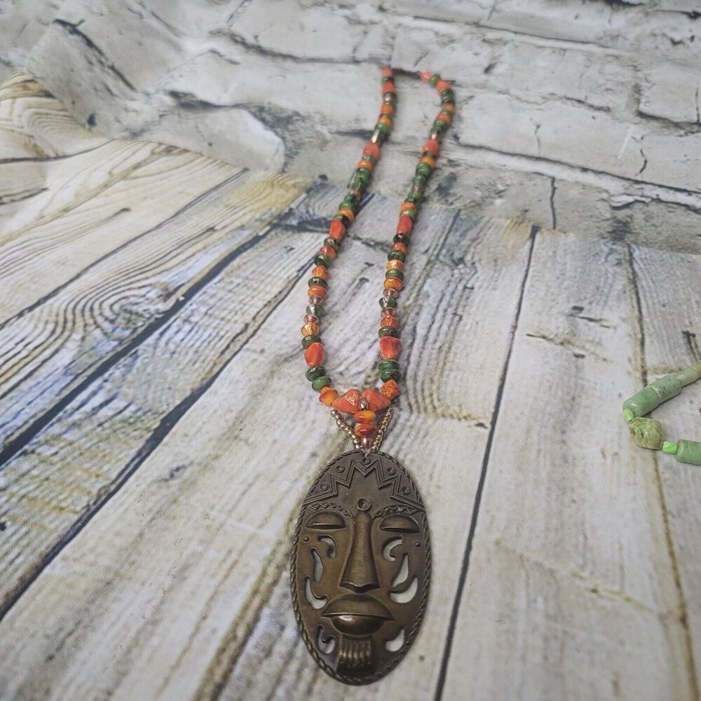 Vintage Tribal Mask Textured Pendant Necklace Statement Piece Beaded 10" x 3"